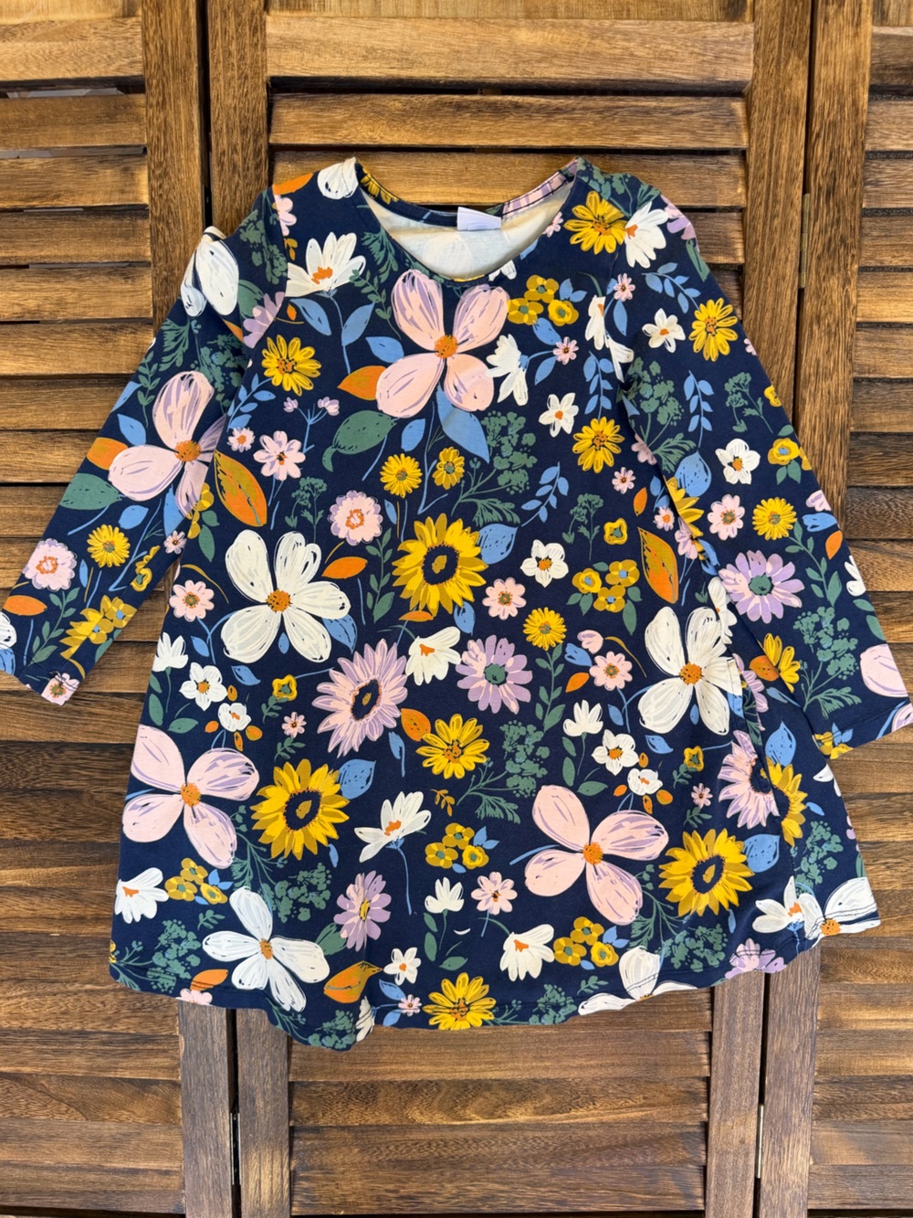 Hanna Andersson Navy Floral A-Line Dress Pink, Yellow White Blooms 6/7 120 cm